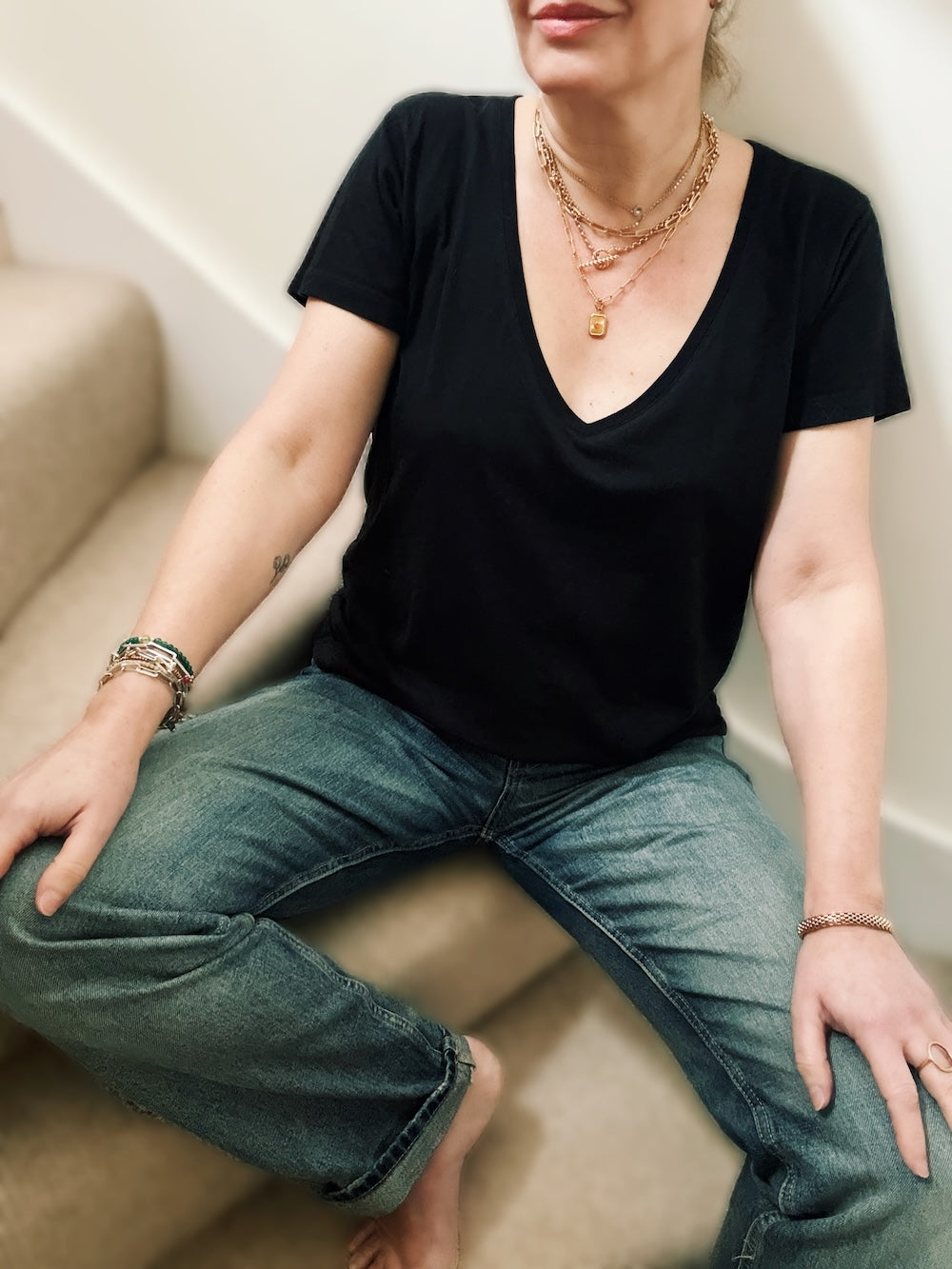 Cindy Deep V Neck Soft Bamboo T-Shirt Black