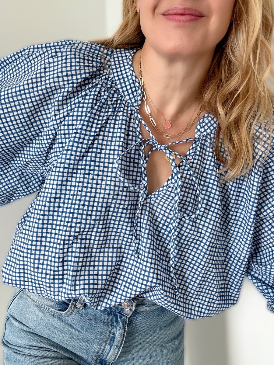 Emily blue checkered poet blouse | fwp by rae blouses