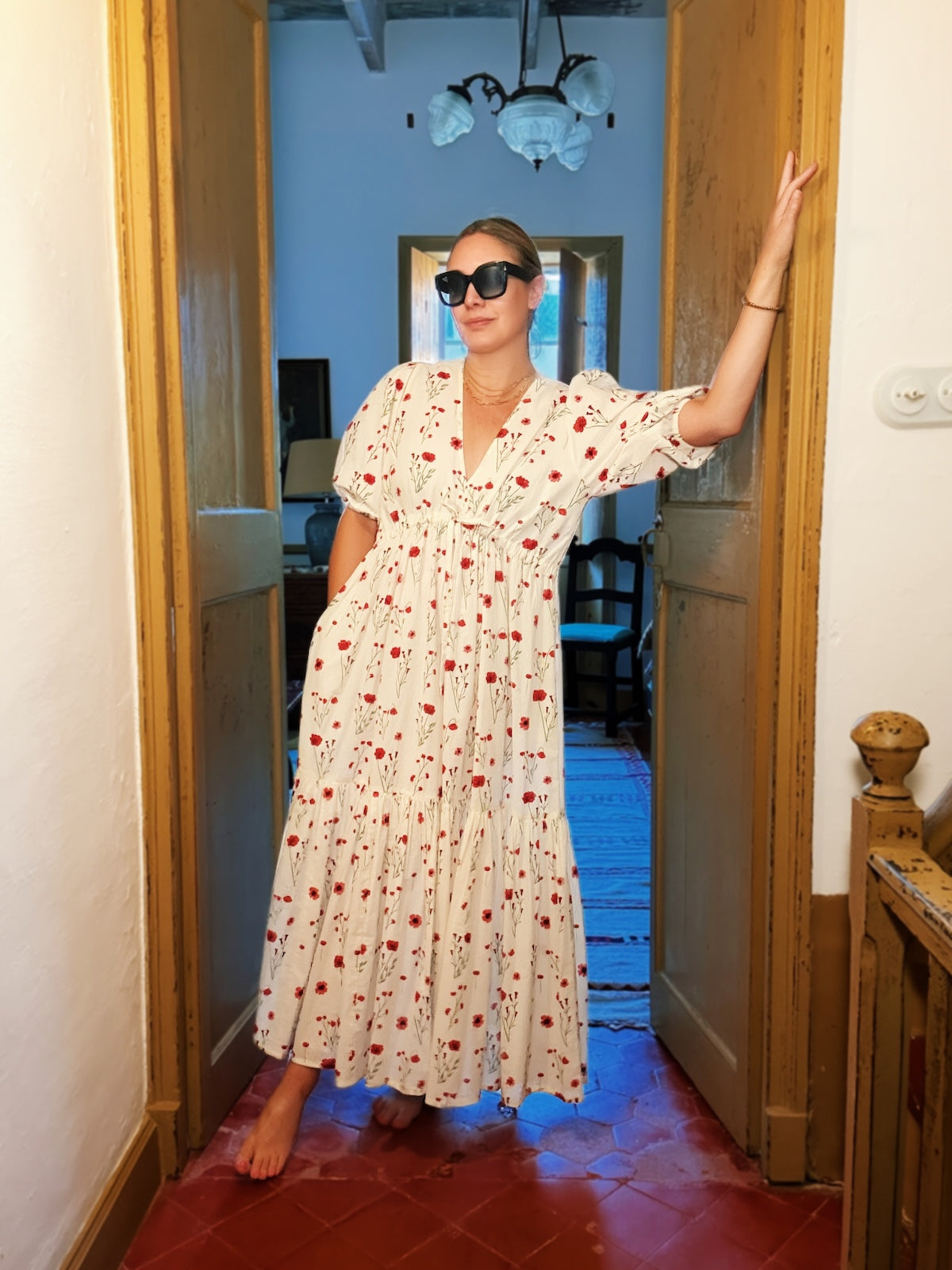 Vanessa Tiered Maxi Dress Red Stem Flower Print