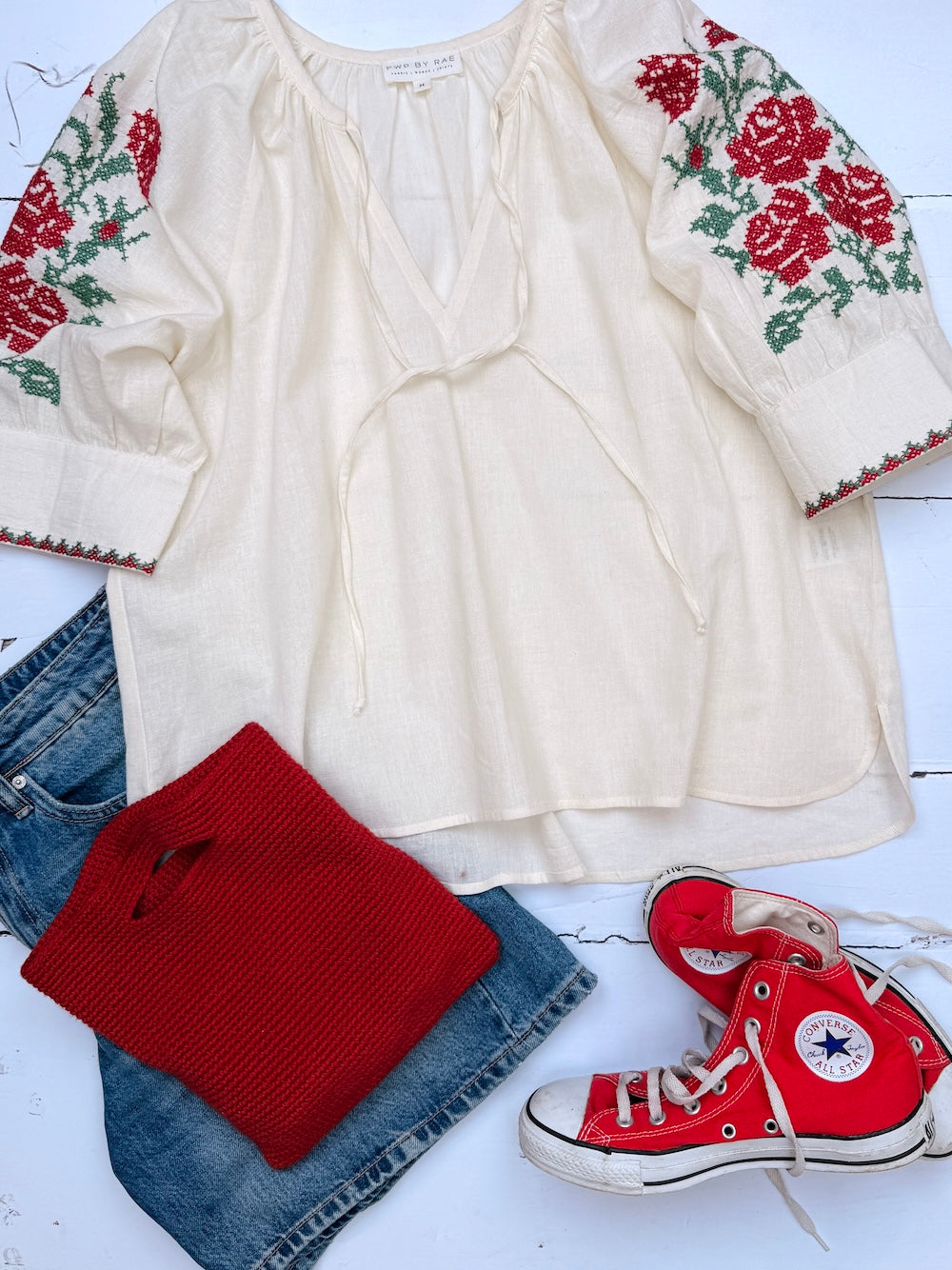 Gracey Boho Blouse Embroidered Sleeve Cream