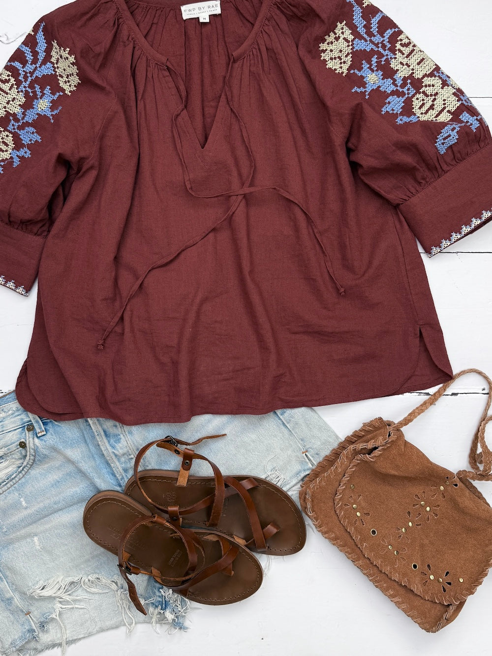Gracey Boho Blouse Embroidered Sleeve Brandy Brown