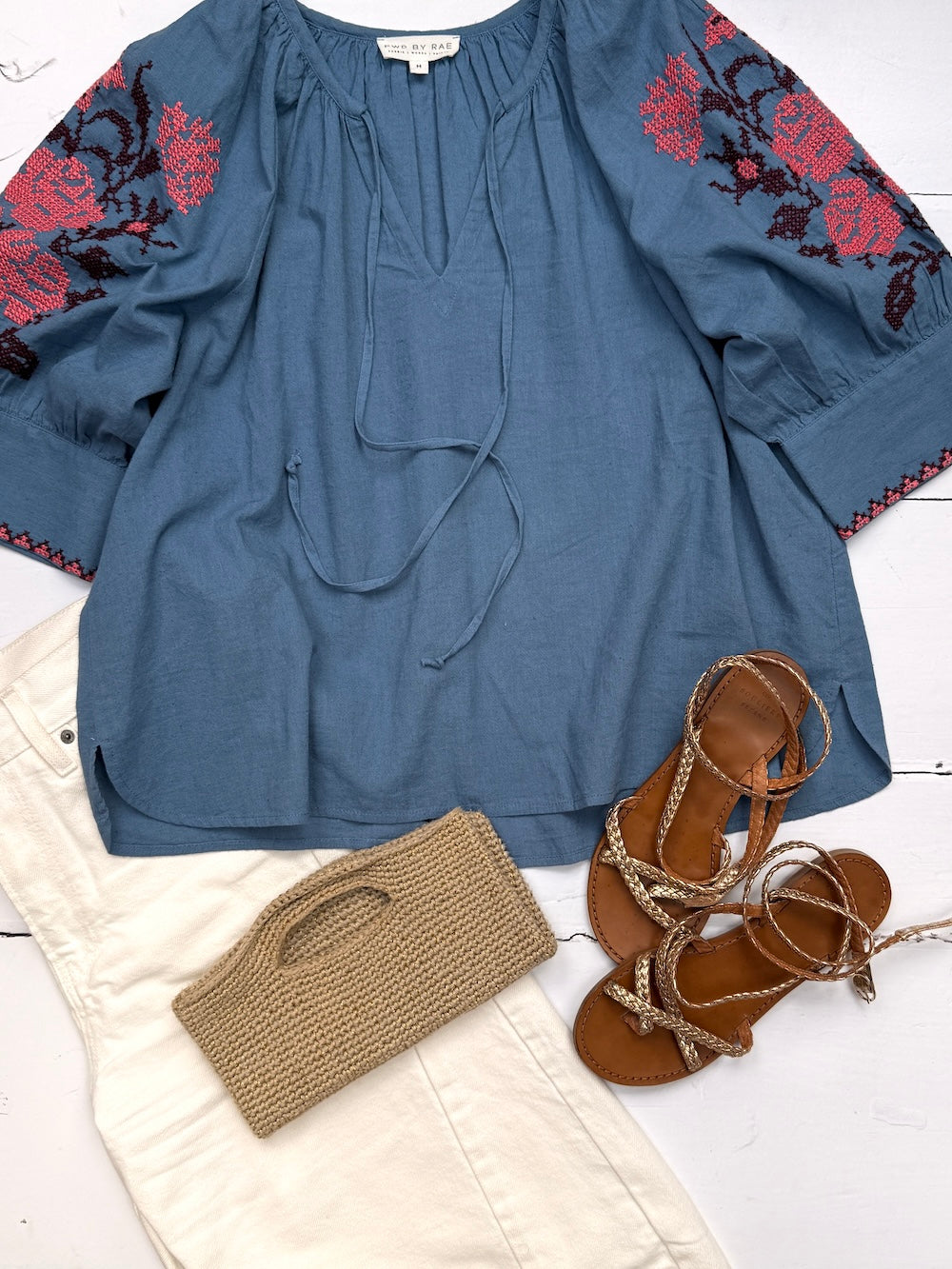 Gracey Boho Blouse Embroidered Sleeve Denim Blue