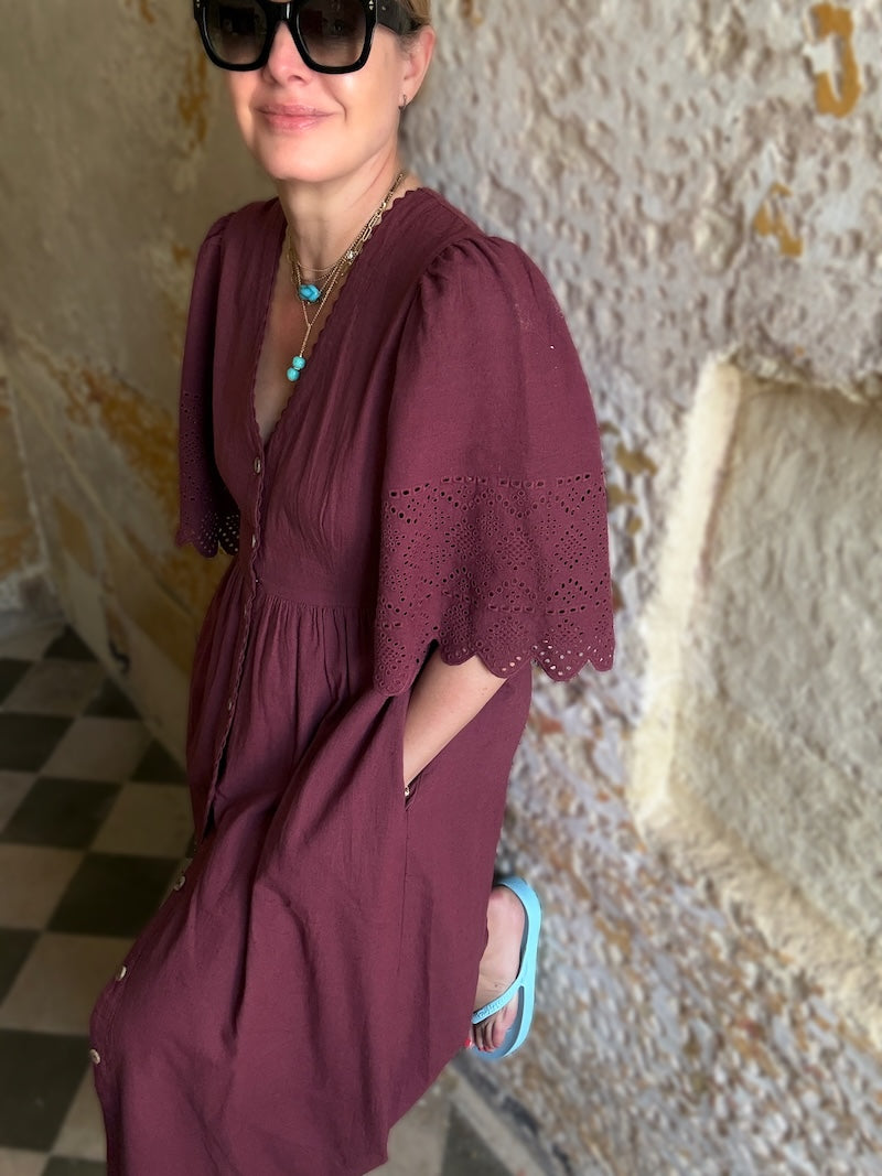 Ava Button Front Dress Lace Cut Sleeves Berry