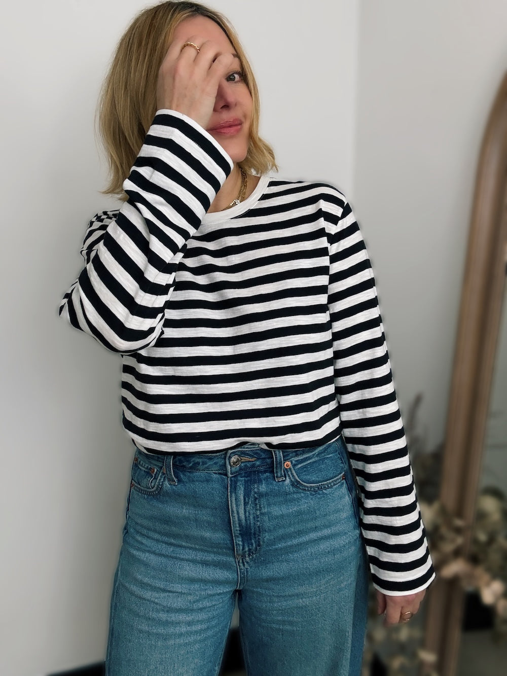 Stripe Long Sleeve Top Ash Black and Ivory