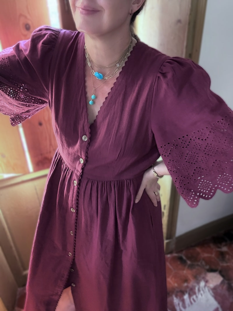 Ava Button Front Dress Lace Cut Sleeves Berry