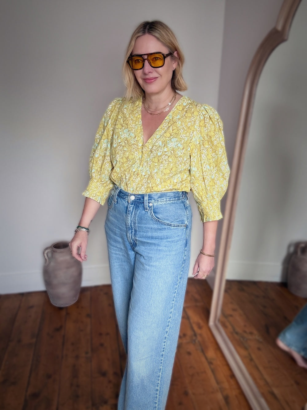 Penny Yellow Floral Olive Print Pleated Cuff Blouse