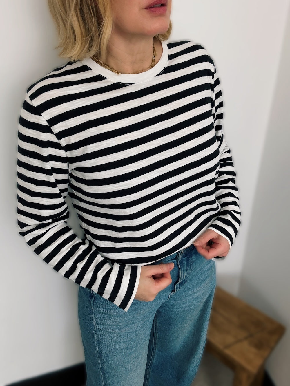 Stripe Long Sleeve Top Ash Black and Ivory