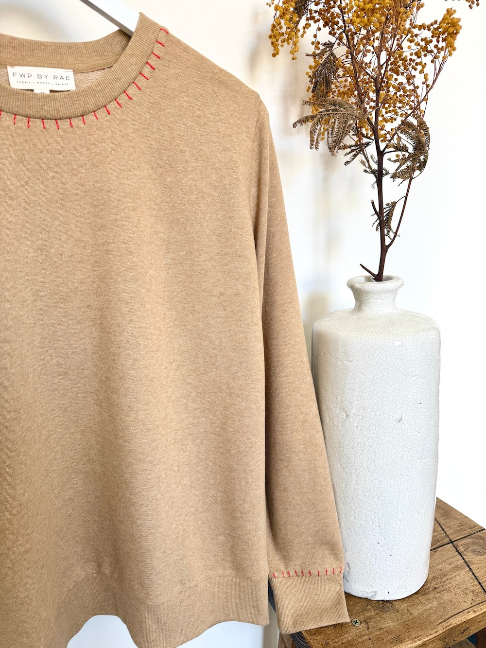Maeve Fine Knit Blanket Stitch Sweatshirt Camel