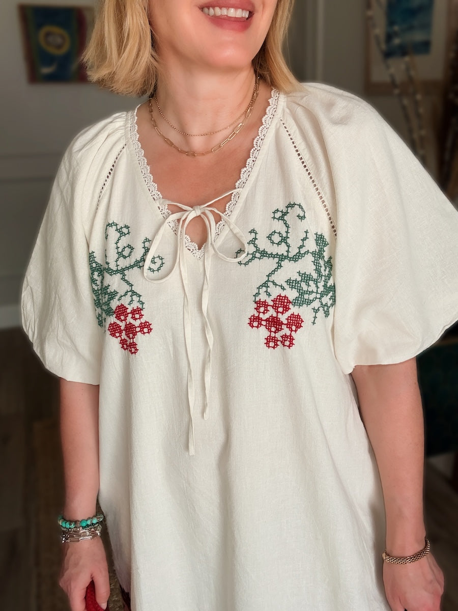 Wendy Short Linen Blend Embroidered Dress Cream