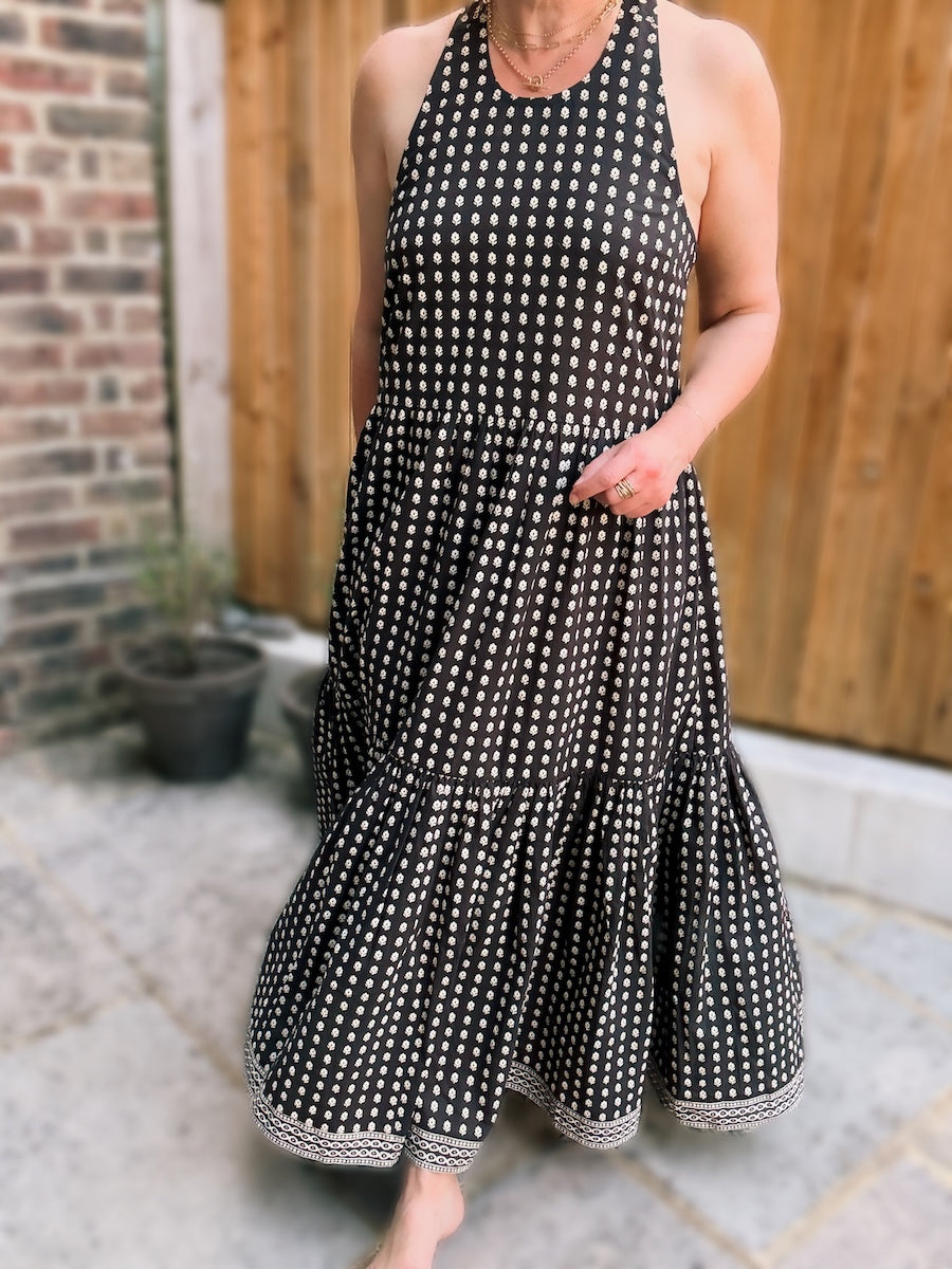 Celeste Organic Cotton Tiered Full Skirt Maxi Dress Deep Brown