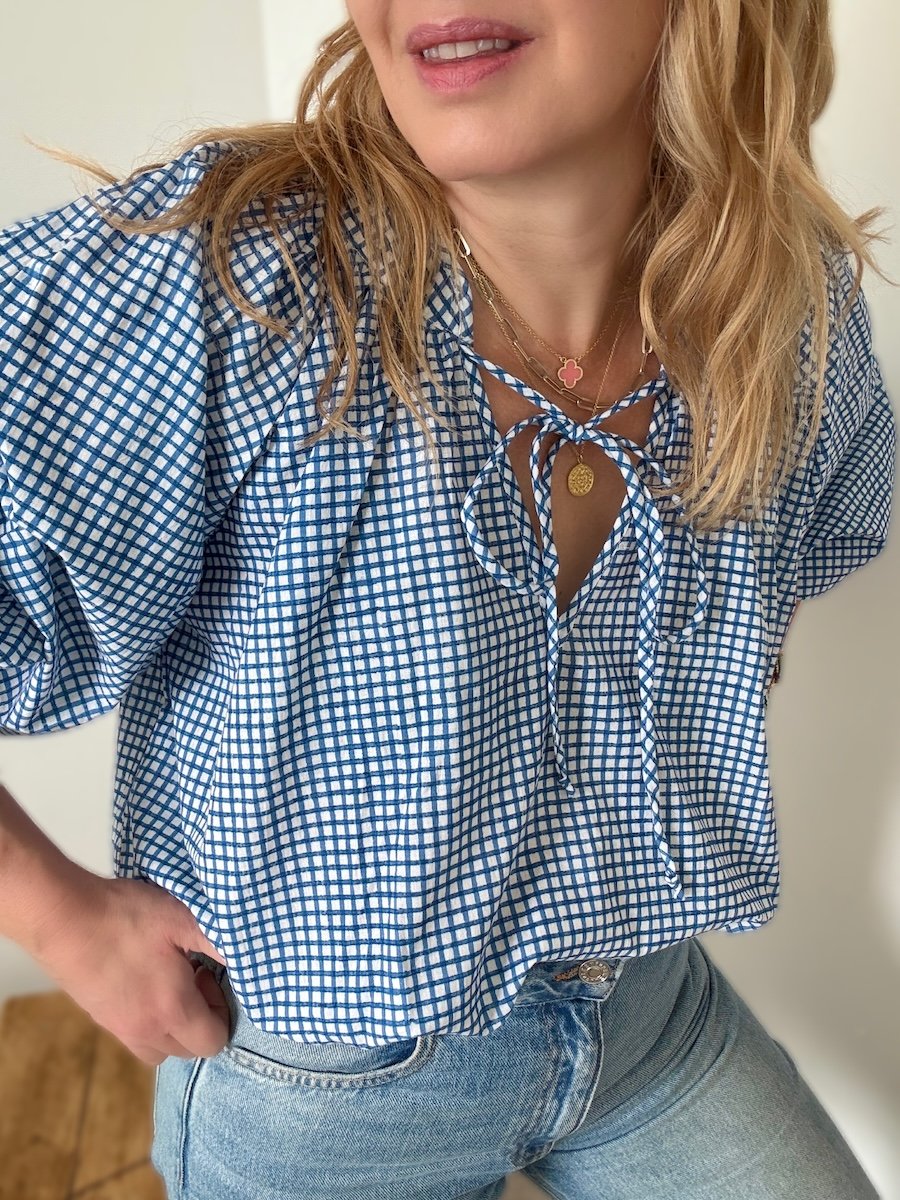 Emily Checkered Poet Blouse Organic Cotton Blue