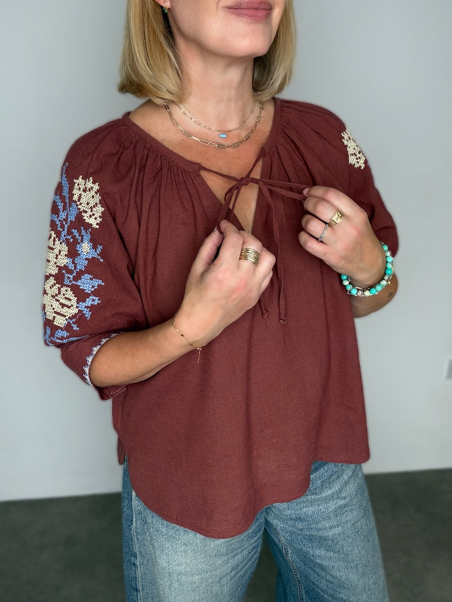 Gracey Boho Blouse Embroidered Sleeve Brandy Brown