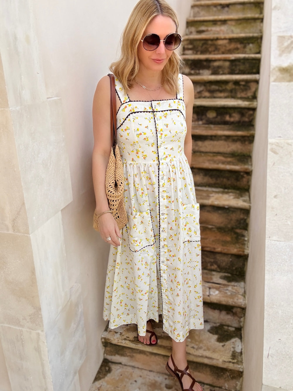 Willow Button Front Patch Pocket Midi Dress Ditsy Yellow Flowers