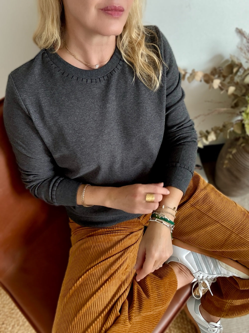 Maeve Fine Knit Blanket Stitch Sweatshirt Charcoal Grey