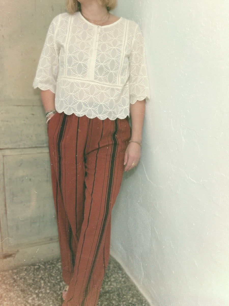 Imogen Linen Cotton Blend Russet Brown Striped Relaxed Trousers