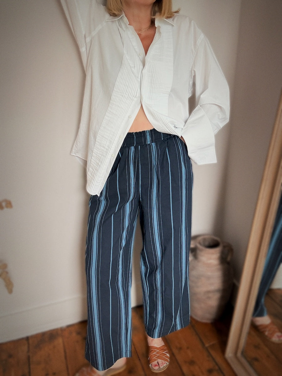 Imogen Linen Cotton Blend Blue Striped Relaxed Trousers
