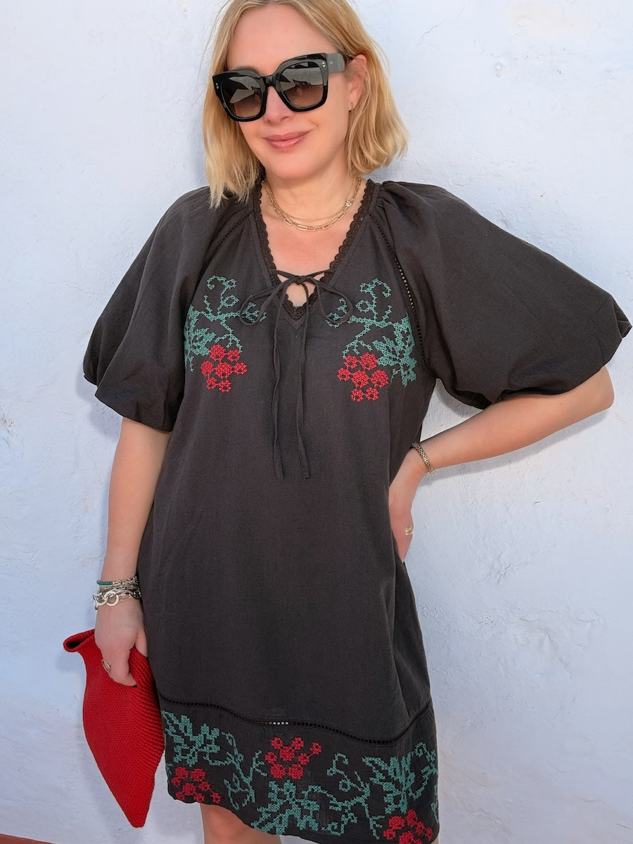 Wendy Short Linen Blend Embroidered Dress Dark Liquorice Brown