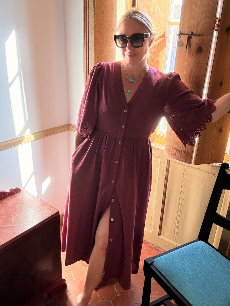 Ava Button Front Dress Lace Cut Sleeves Berry