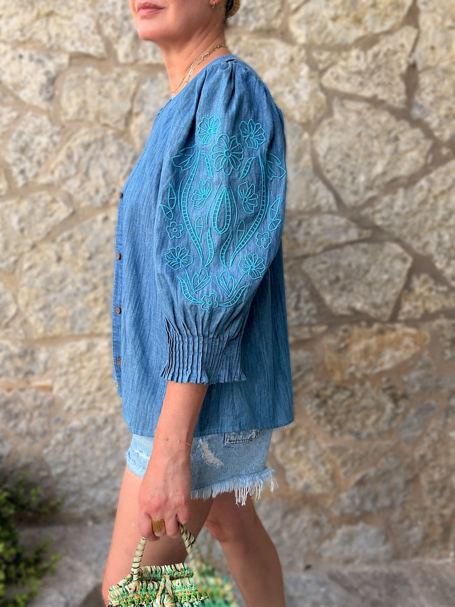 Penny Chambray Pleated Cuff Blouse Peacock Floral Embroidery