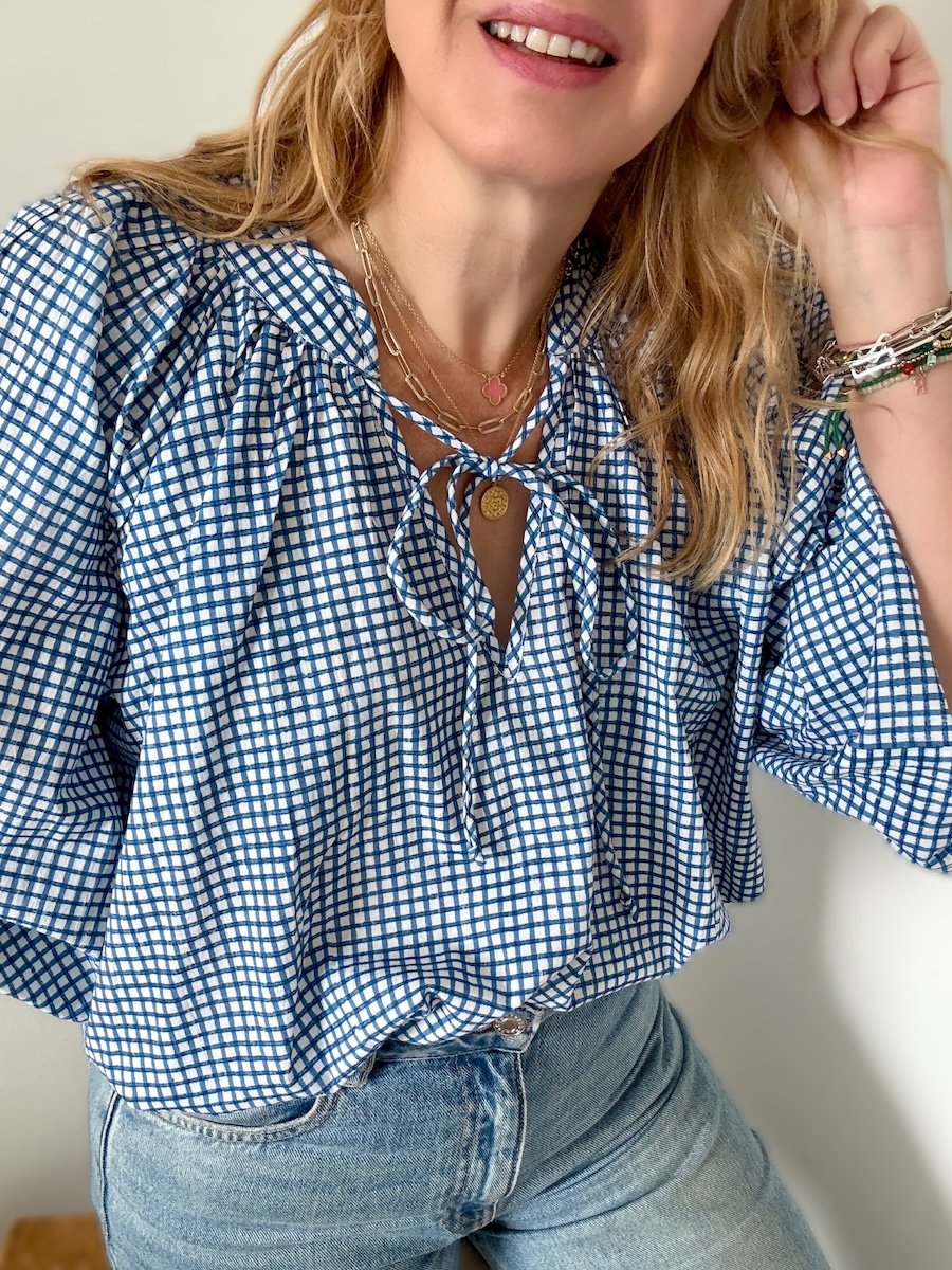 Emily blue checkered poet blouse | fwp by rae blouses