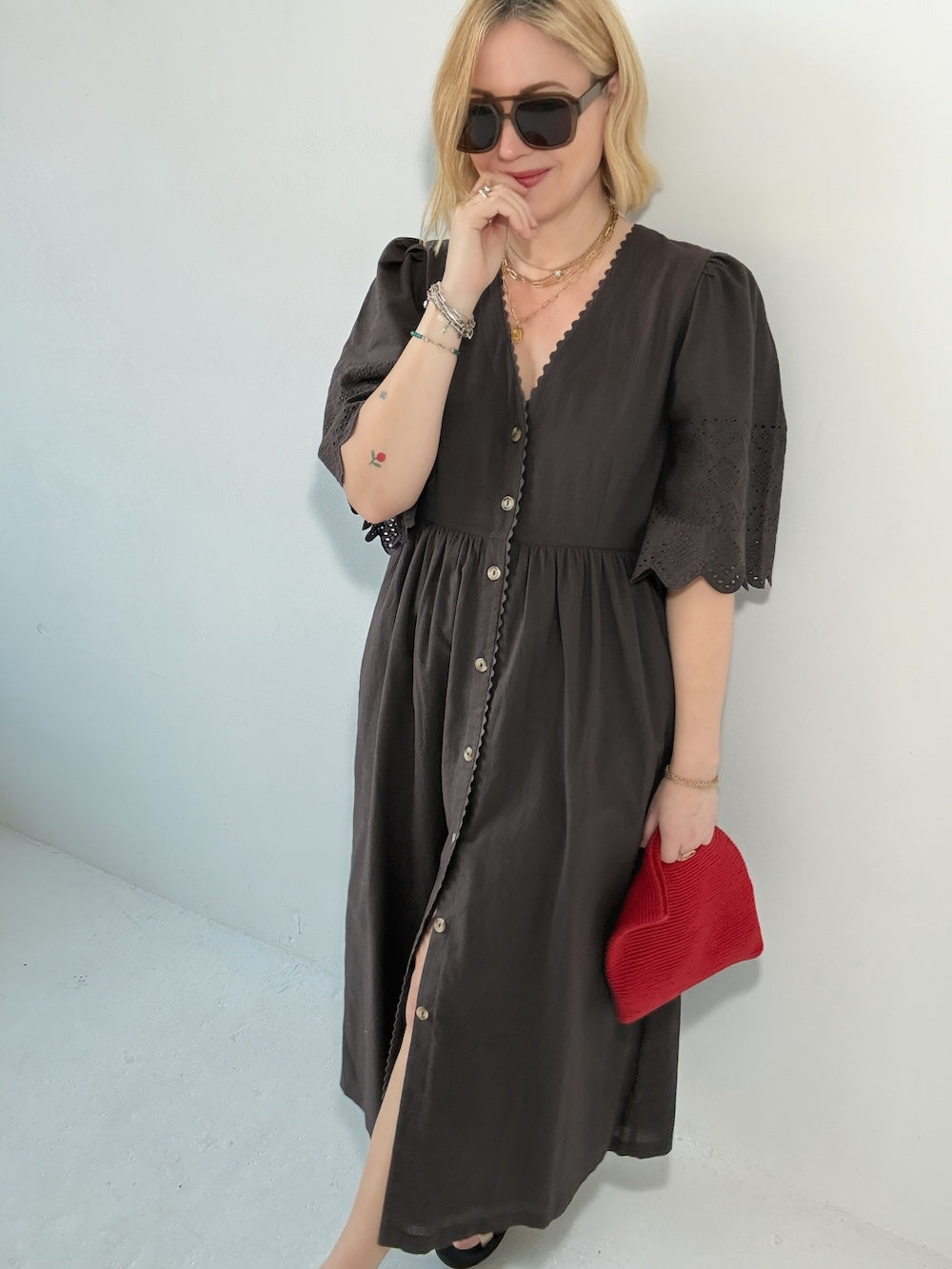 Ava Button Front Dress Lace Cut Sleeves Deep Chocolate Brown