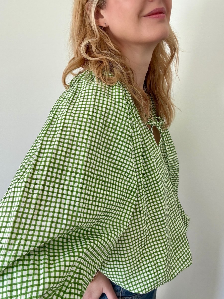 Emily Checkered Poet Blouse Organic Cotton Green