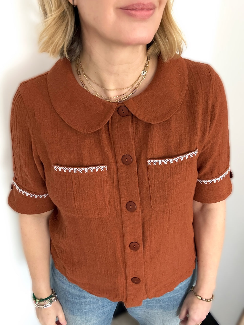 Farrah Crinkle Linen Blend Embroidered Short Sleeve Blouse Gingerbread Brown