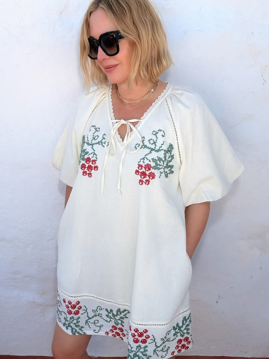 Wendy Short Linen Blend Embroidered Dress Cream