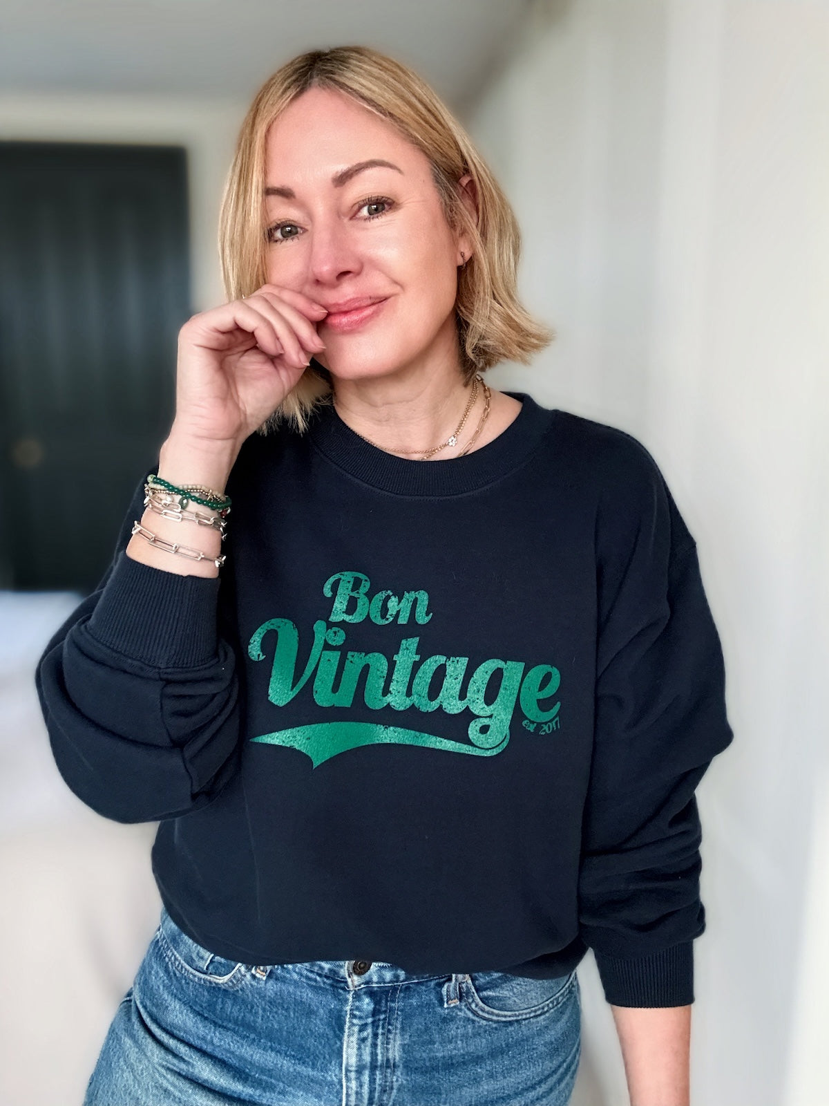Bon Vintage Retro Sweatshirt Deep Navy and Green