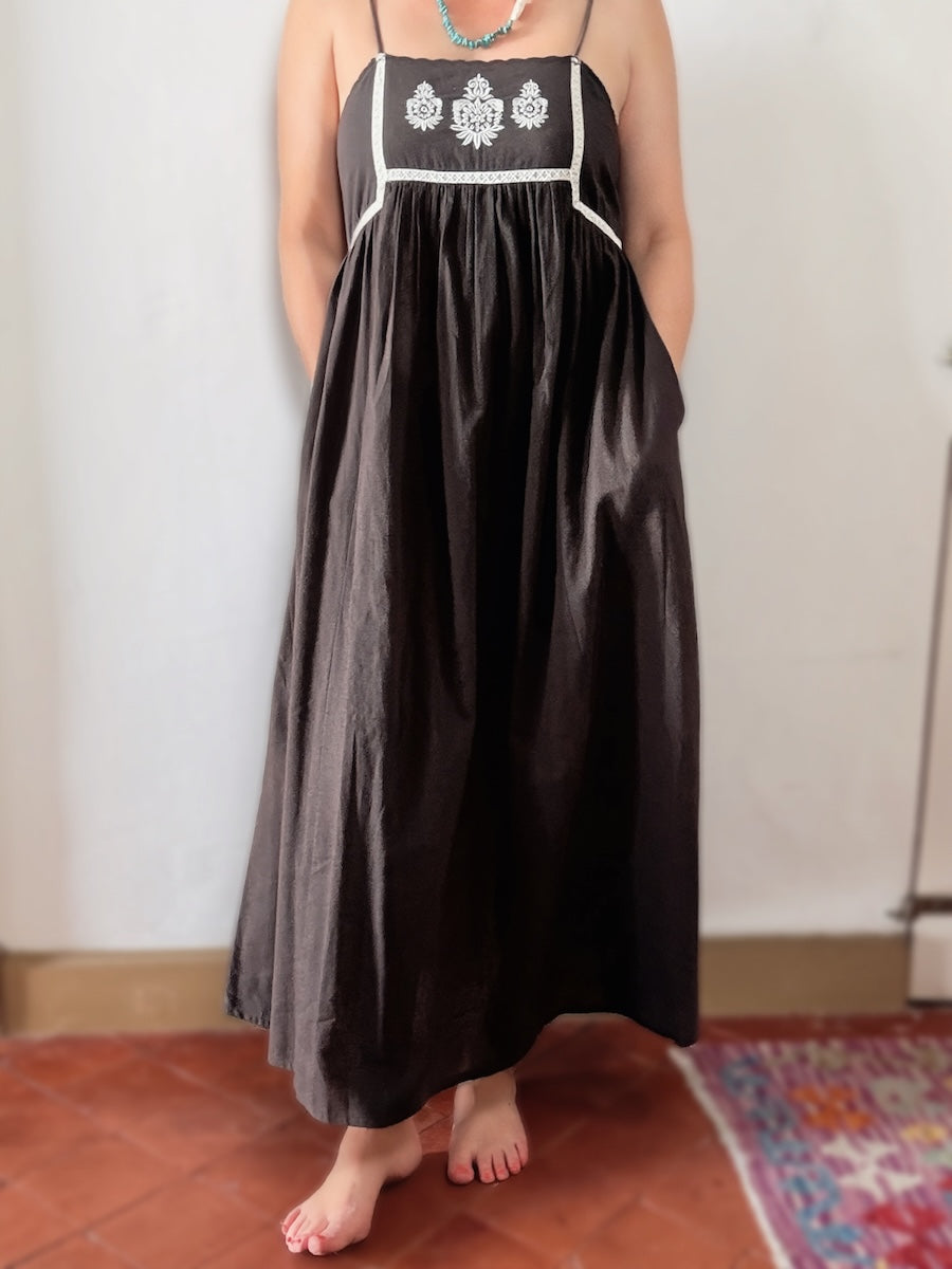 Florence Embroidered Linen Maxi dress Dark Liquorice Brown