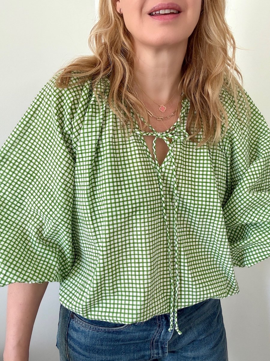 Emily Checkered Poet Blouse Organic Cotton Green