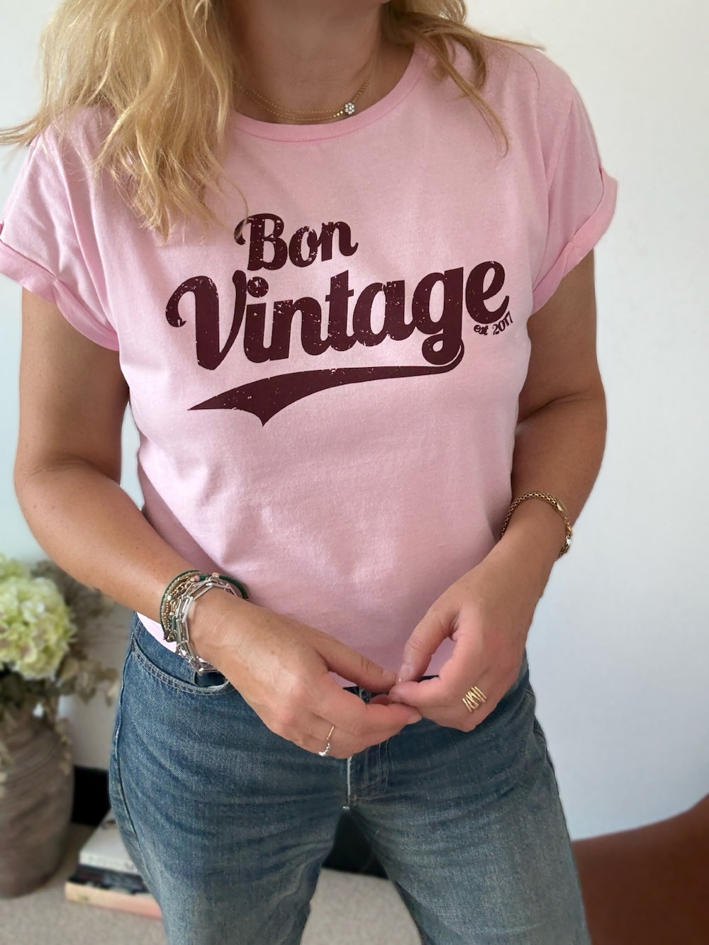 Bon Vintage Retro Tee Pink Maroon