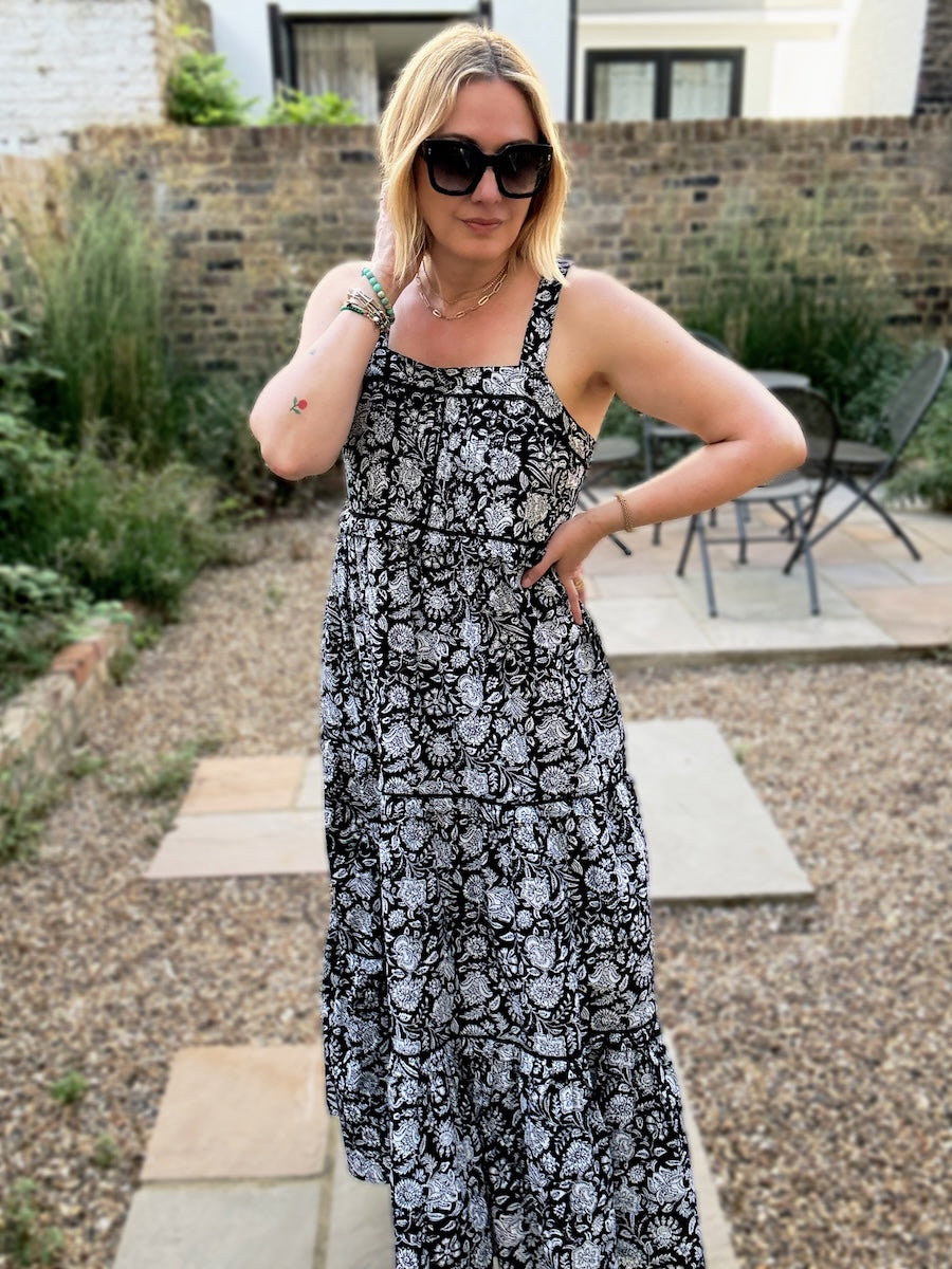 Laurel Black Block Print Organic Cotton Maxi Dress