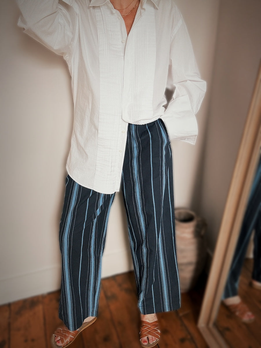 Imogen Linen Cotton Blend Blue Striped Relaxed Trousers