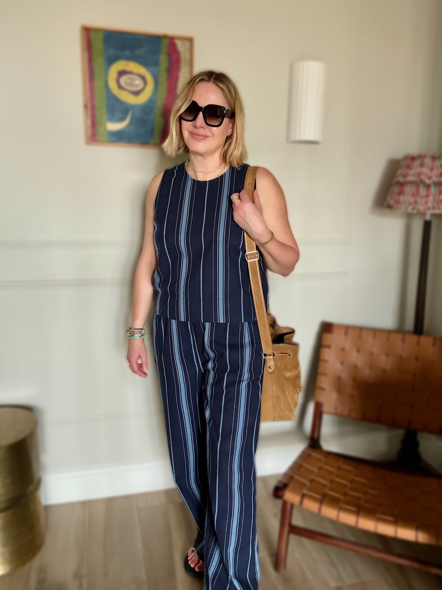 Imogen Linen Cotton Blend Blue Striped Relaxed Trousers