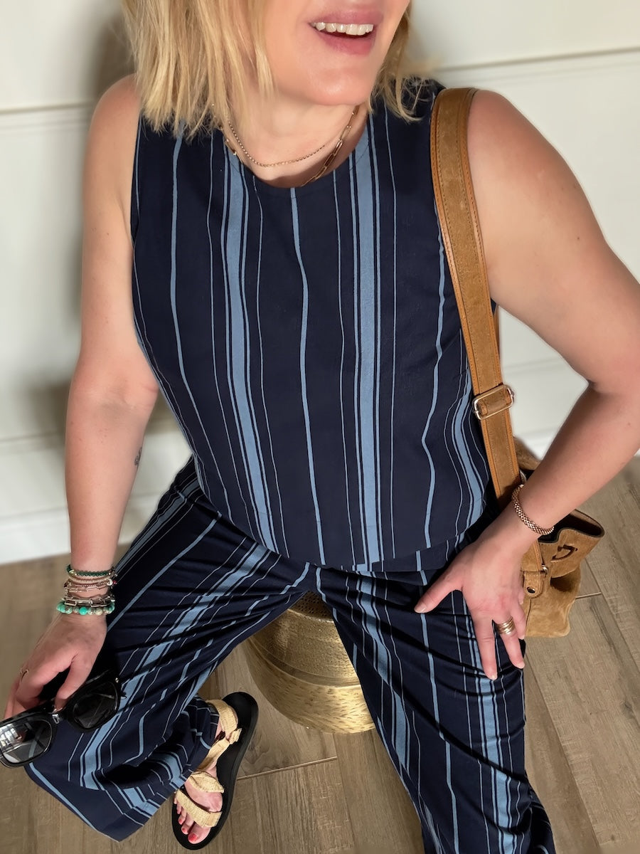 Imogen Linen Cotton Blend Blue Striped Relaxed Trousers