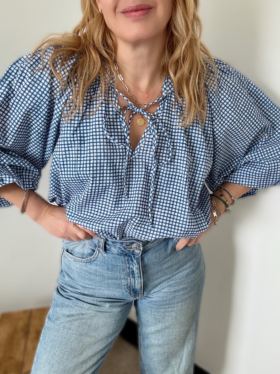 Emily blue checkered poet blouse | fwp by rae blouses