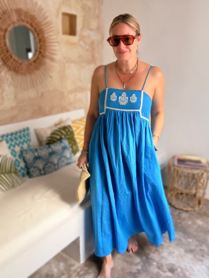 Florence Embroidered Linen Maxi dress Blue