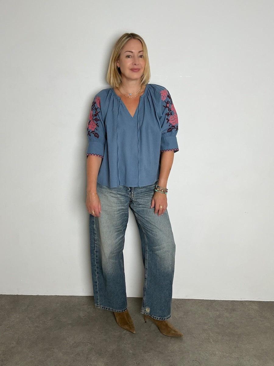 Gracey Boho Blouse Embroidered Sleeve Denim Blue