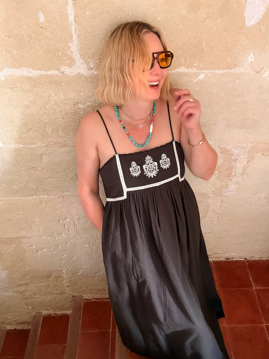 Florence Embroidered Linen Maxi dress Dark Liquorice Brown