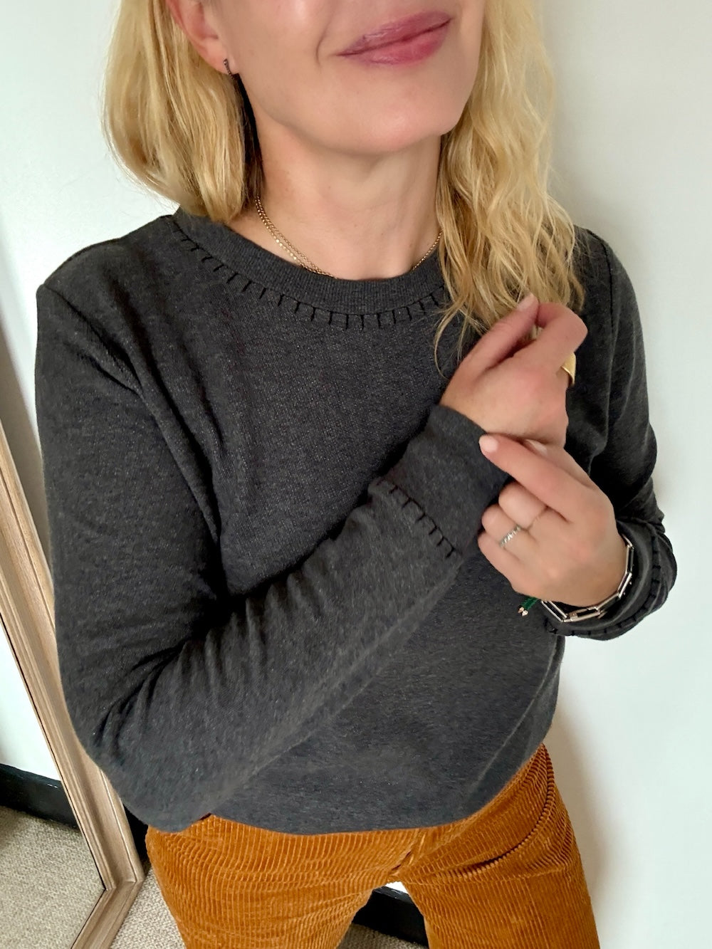 Maeve Fine Knit Blanket Stitch Sweatshirt Charcoal Grey