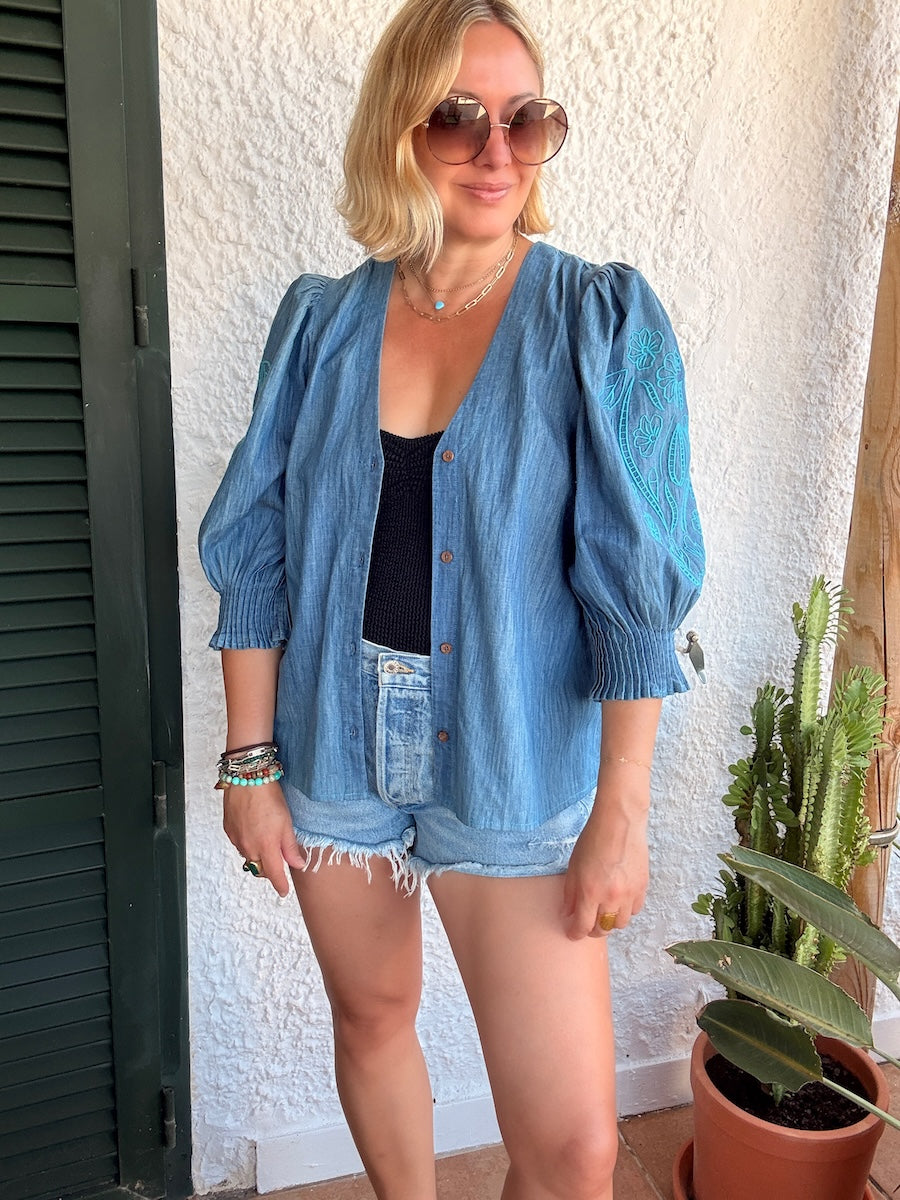 Penny Chambray Pleated Cuff Blouse Peacock Floral Embroidery