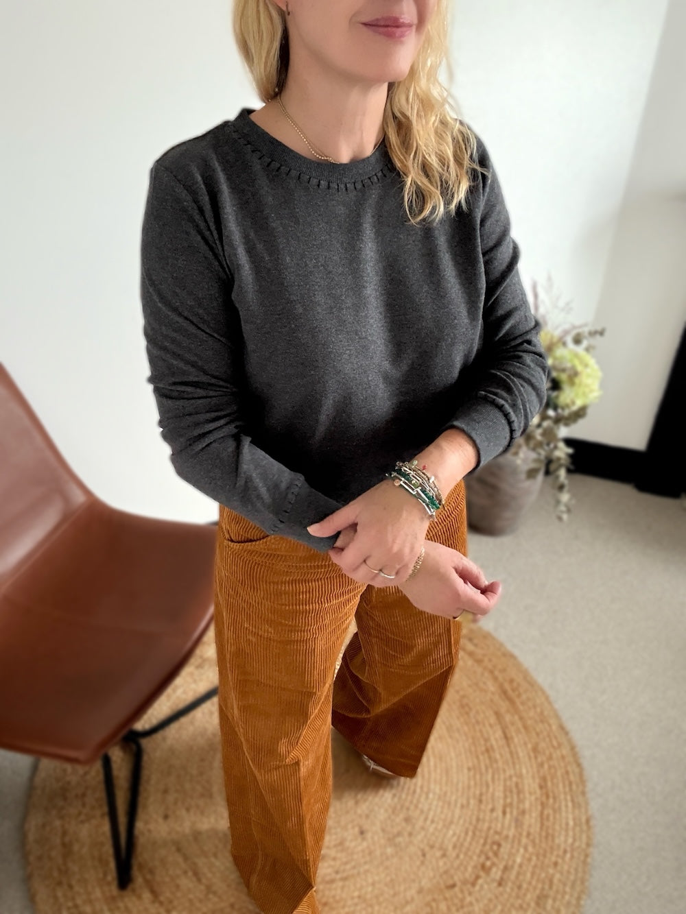 Maeve Fine Knit Blanket Stitch Sweatshirt Charcoal Grey