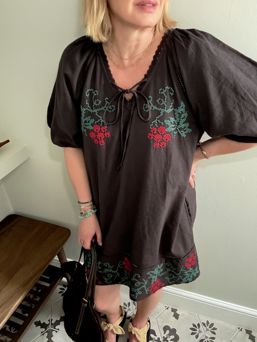 Wendy Short Linen Blend Embroidered Dress Dark Liquorice Brown