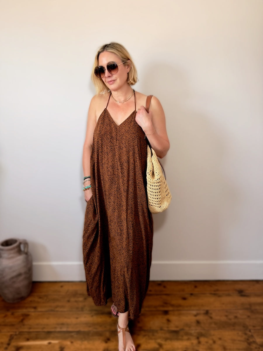 Uma Halter Neck Summer Maxi Dress Brown