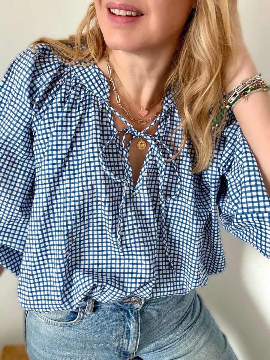 Emily blue checkered poet blouse | fwp by rae blouses