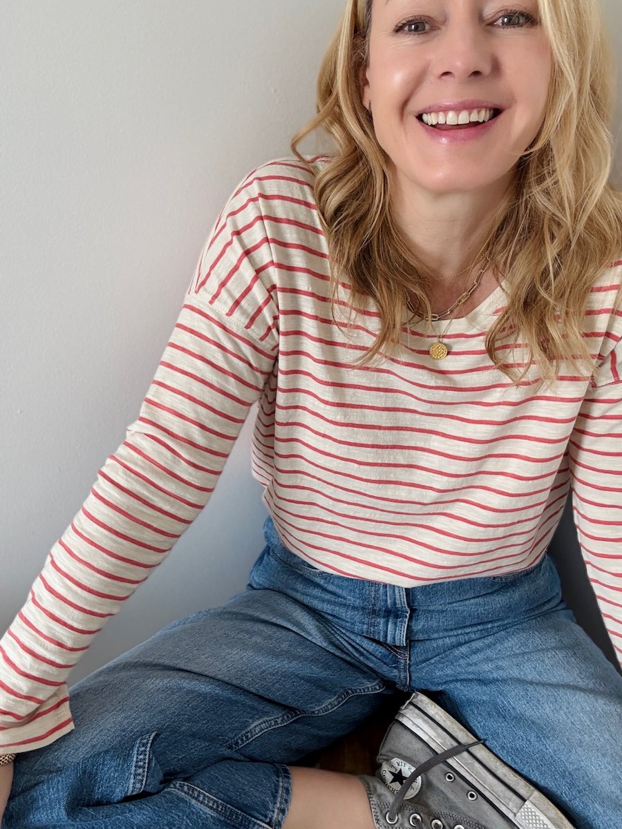 Bridget long sleeve stripe tee coral ecru | fwp by rae stripe top