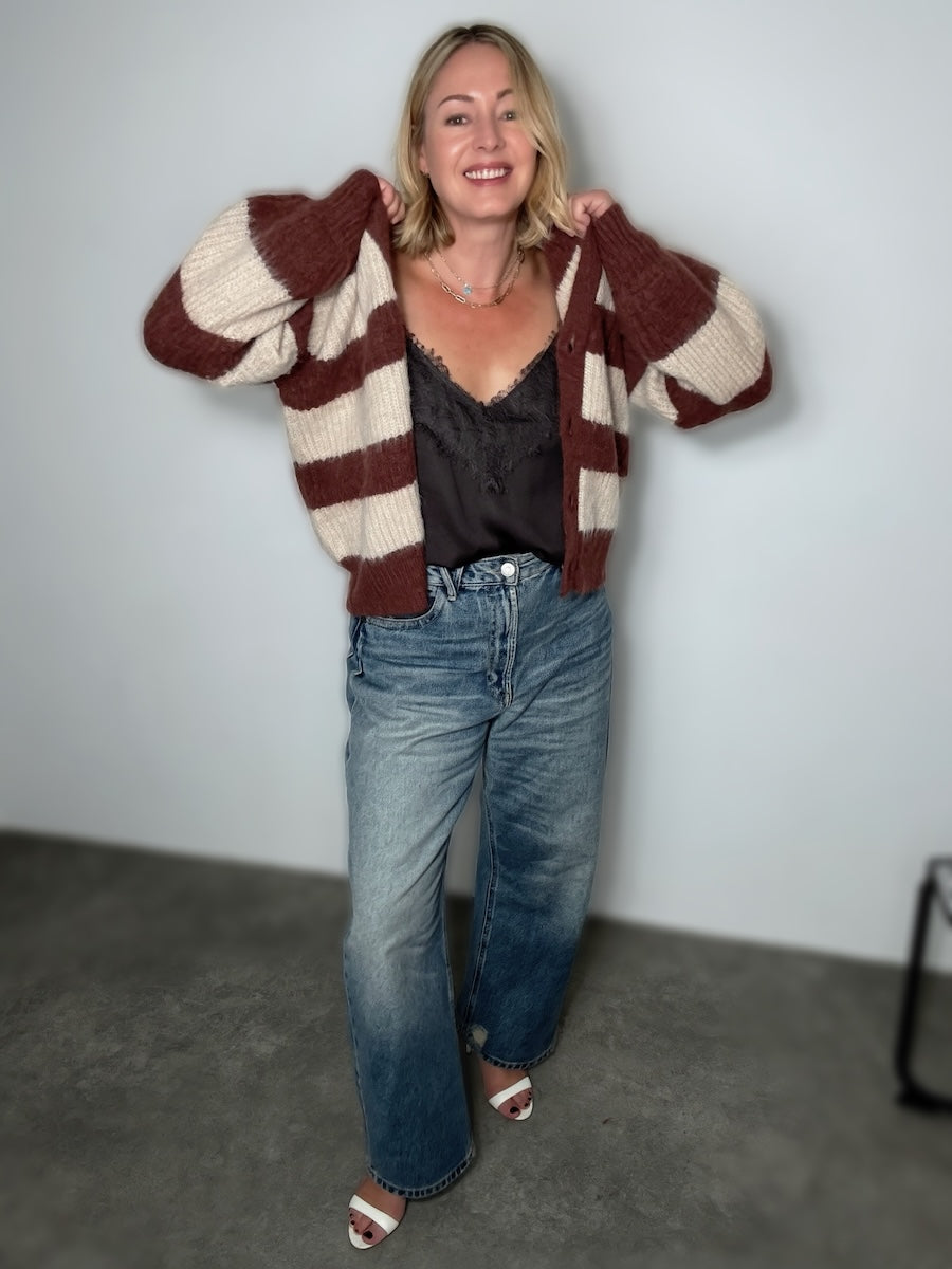 Joni Wide Stripe Wool Cardigan Brown Beige