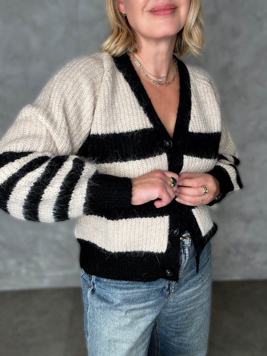 Joni Wide Stripe Wool Cardigan Black Beige