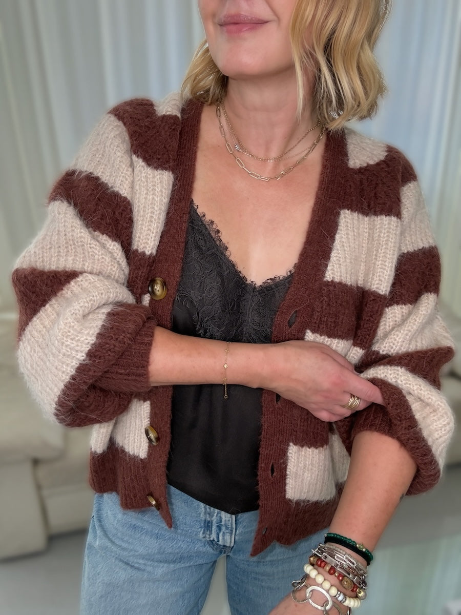 Joni Wide Stripe Wool Cardigan Brown Beige